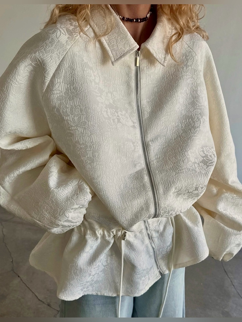 ♥️ Jacquard Bomber Jacket with Drawstring Waist - Apricot